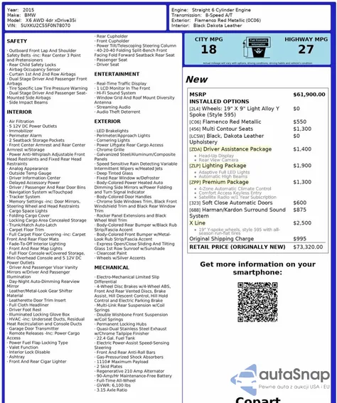 2015 BMW X6 xDrive35I z USA, uszkodzony, nr VIN 5UXKU2C55F0N78070